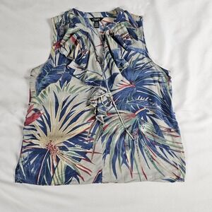 Chaps Blue Floral Top Tropical Hawaiian Sleeveless Blouse Size M Ruffle Collar